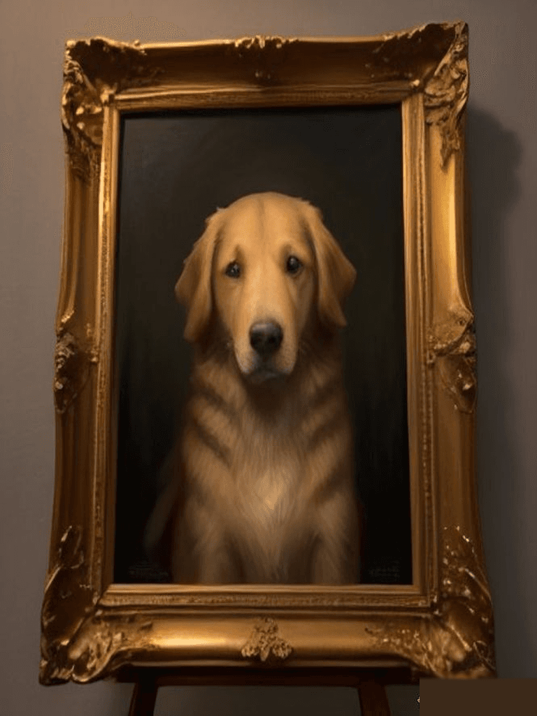 Classical oil painting portrait of a golden retriever