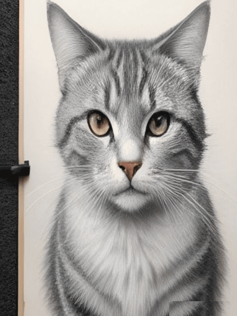 Fine pencil sketch portrait of a grey tabby cat