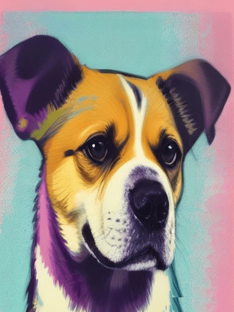 Bold pop-art portrait of a dog in vivid graphic colors