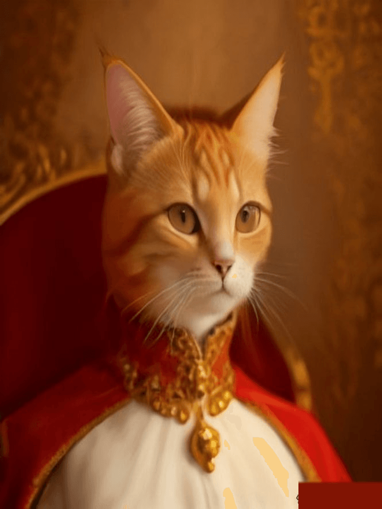 Royal costume portrait of an orange cat in regal attire